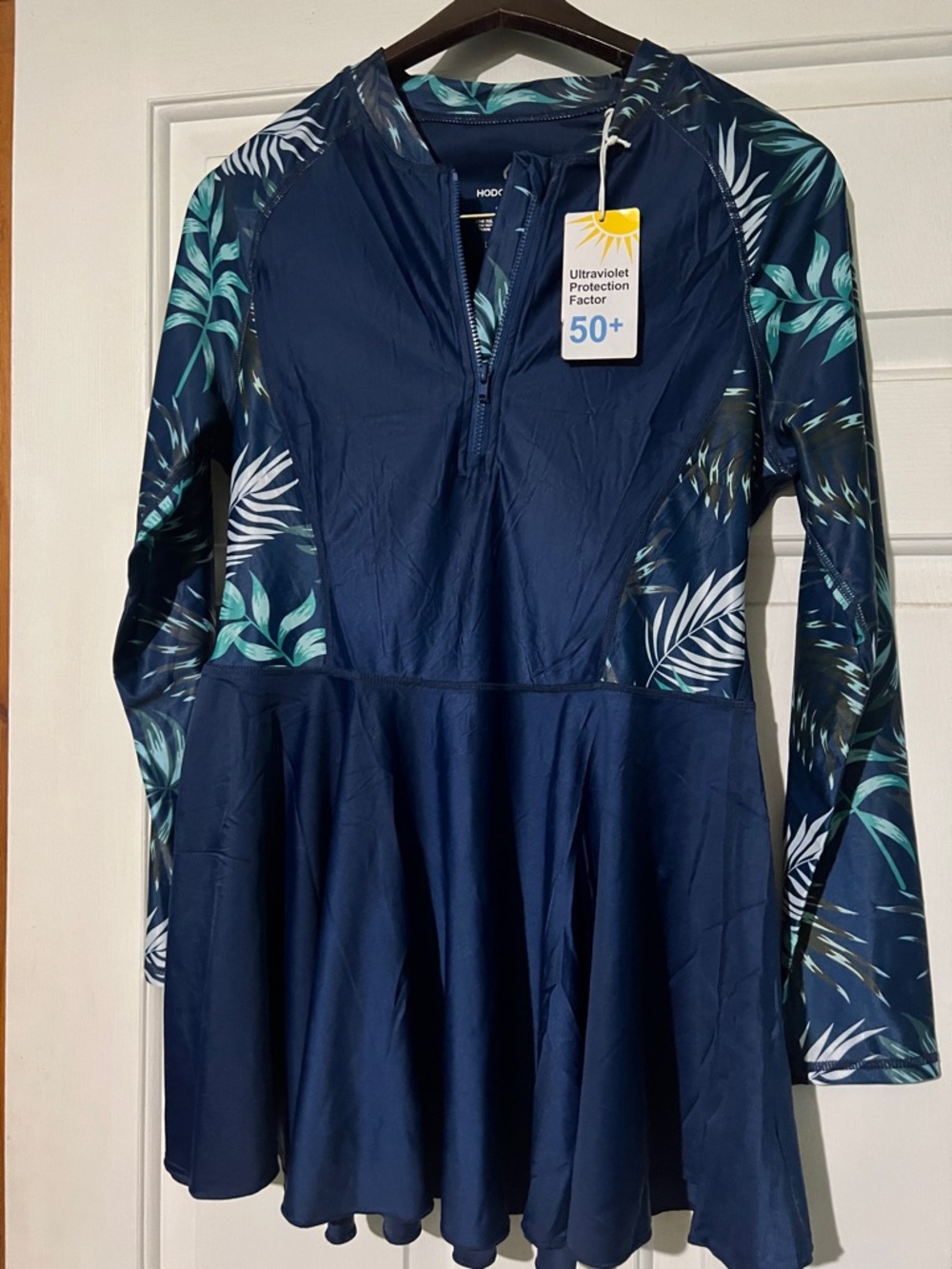 Women’s Navy Blue Long-Sleeve Swim Dress/Rashguard with Tropical Print - UPF 50+
